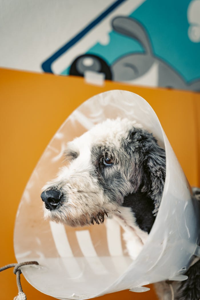 Cute dog wearing a recovery cone with an artistic mural in the background.